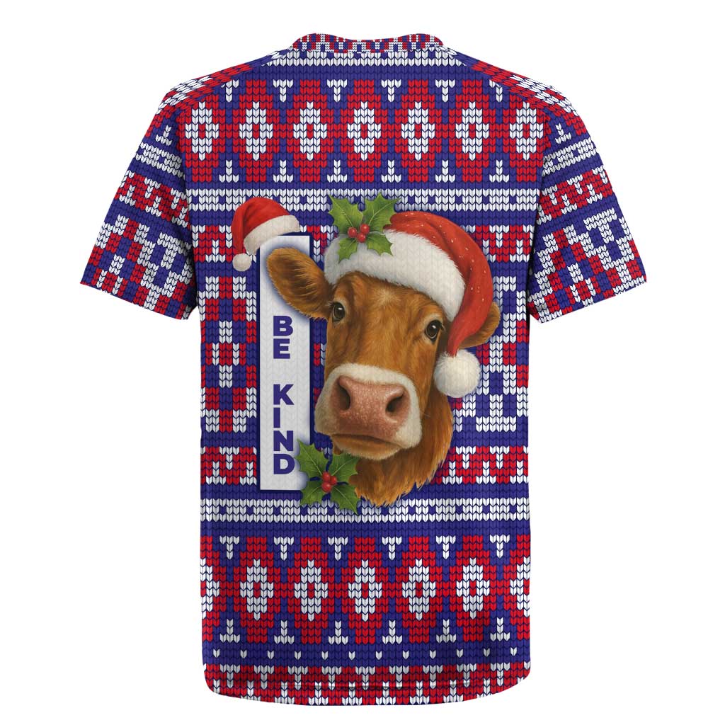 Cow in Santa Hat Be Kind Message Rugby Jersey with Red Blue Knit Pattern Design - Wonder Print Shop