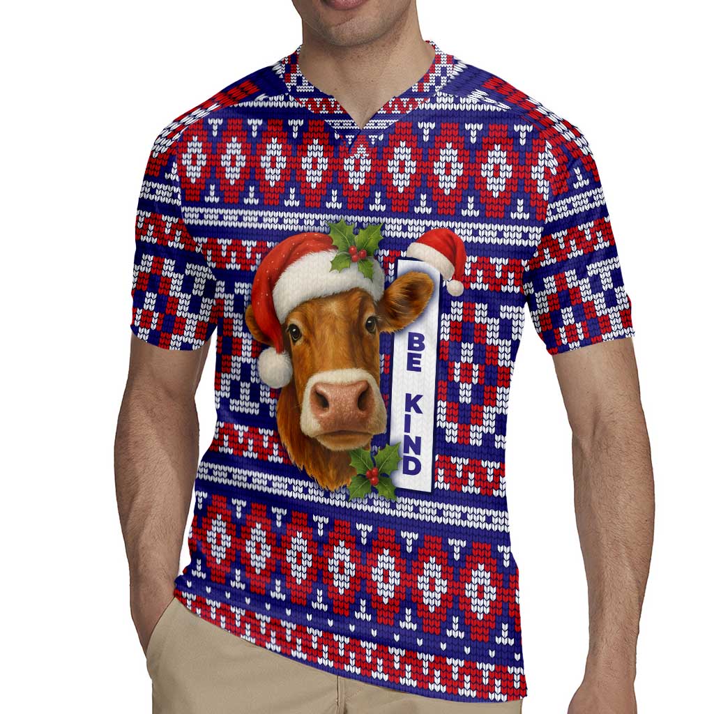 Cow in Santa Hat Be Kind Message Rugby Jersey with Red Blue Knit Pattern Design - Wonder Print Shop