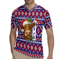 Cow in Santa Hat Be Kind Message Rugby Jersey with Red Blue Knit Pattern Design - Wonder Print Shop