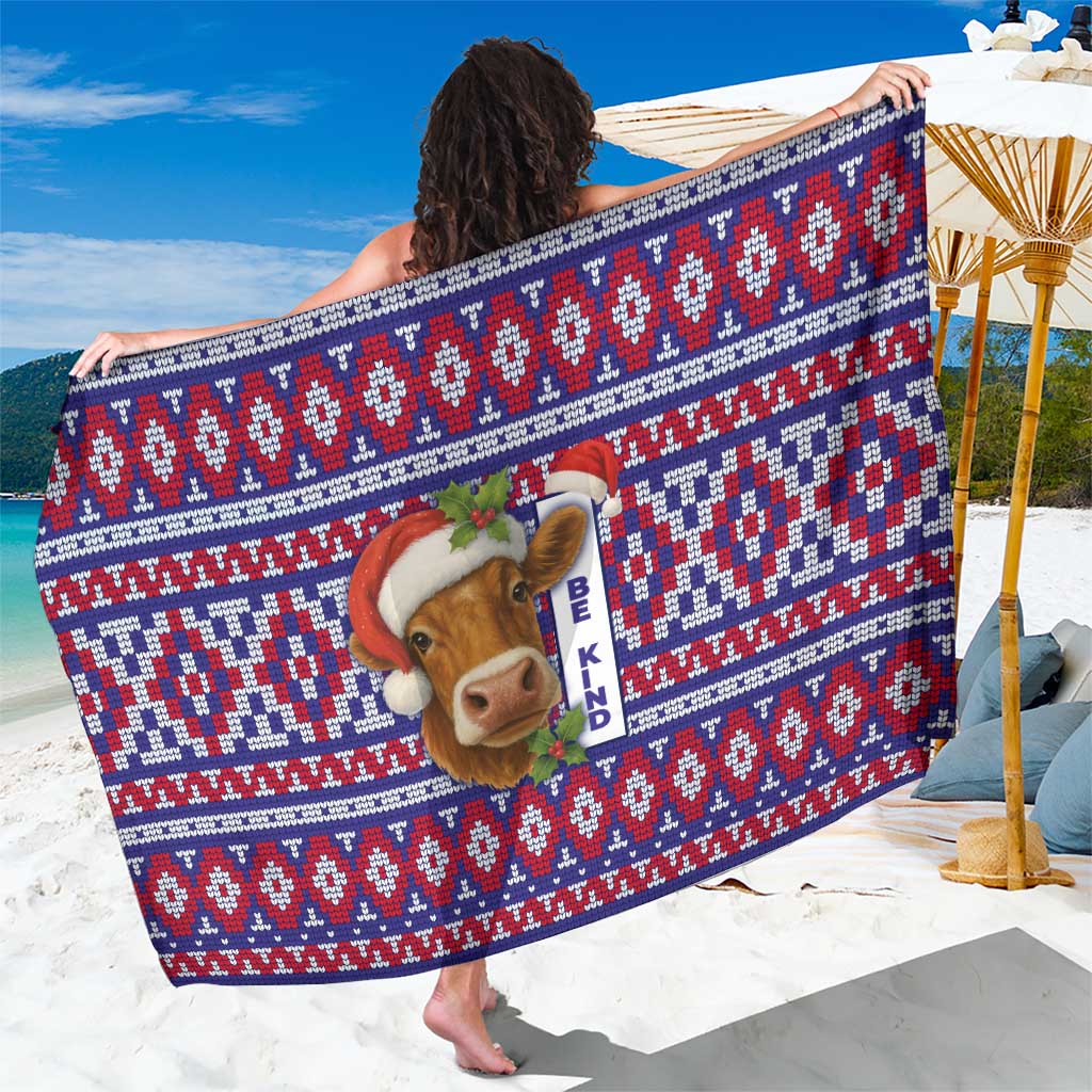 Cow in Santa Hat Be Kind Message Sarong with Red Blue Knit Pattern Design - Wonder Print Shop