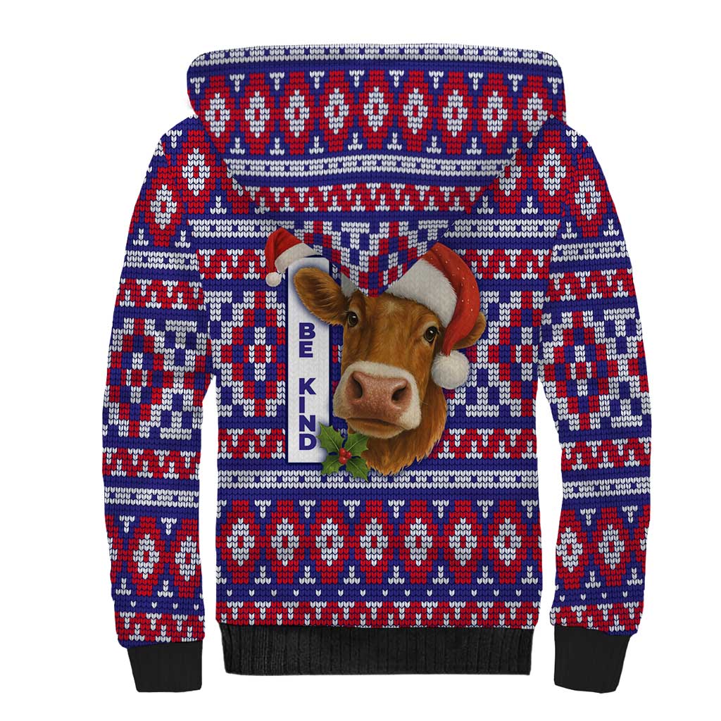 Cow in Santa Hat Be Kind Message Sherpa Hoodie with Red Blue Knit Pattern Design - Wonder Print Shop