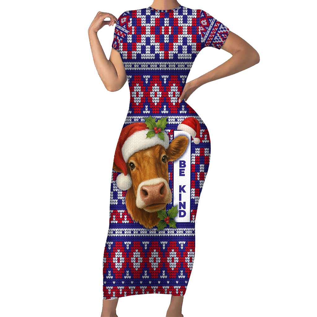 Cow in Santa Hat Be Kind Message Short Sleeve Bodycon Dress with Red Blue Knit Pattern Design - Wonder Print Shop