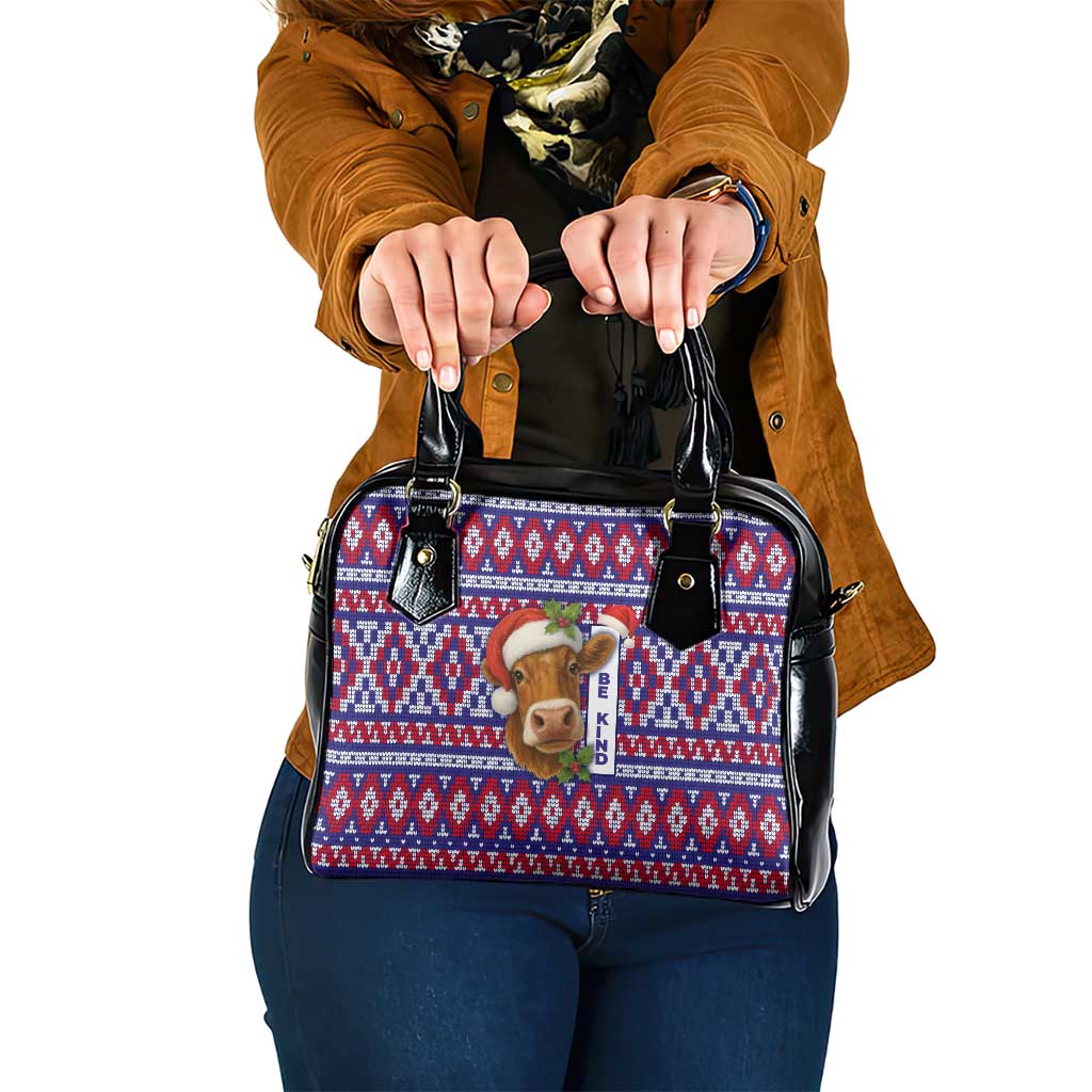 Cow in Santa Hat Be Kind Message Shoulder Handbag with Red Blue Knit Pattern Design - Wonder Print Shop