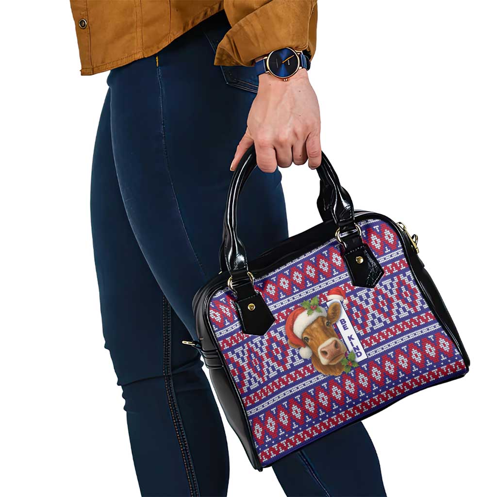 Cow in Santa Hat Be Kind Message Shoulder Handbag with Red Blue Knit Pattern Design - Wonder Print Shop