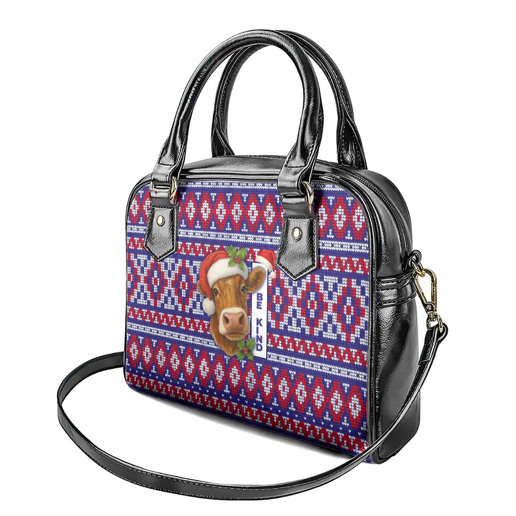 Cow in Santa Hat Be Kind Message Shoulder Handbag with Red Blue Knit Pattern Design - Wonder Print Shop