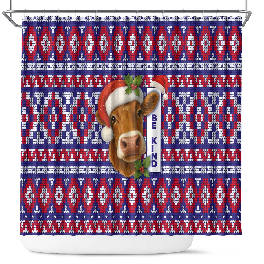 Cow in Santa Hat Be Kind Message Shower Curtain with Red Blue Knit Pattern Design - Wonder Print Shop