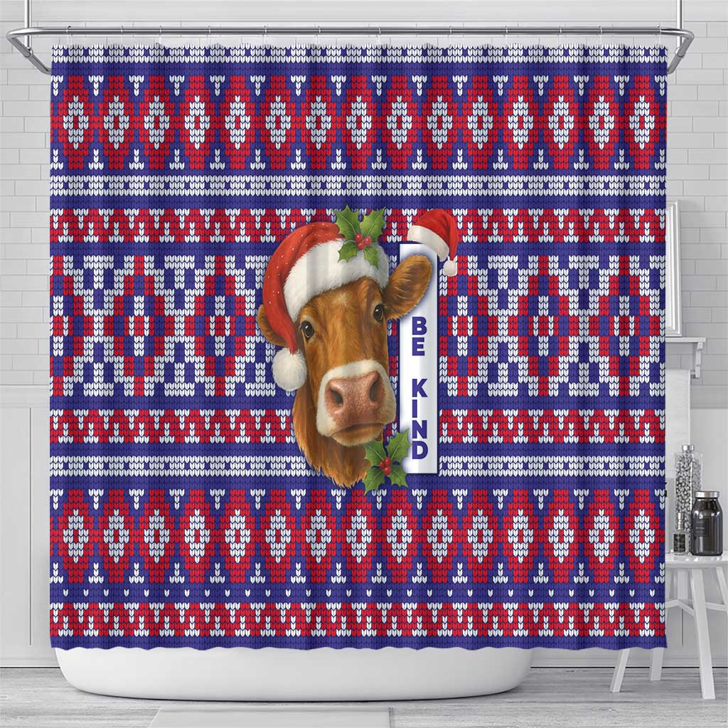 Cow in Santa Hat Be Kind Message Shower Curtain with Red Blue Knit Pattern Design - Wonder Print Shop