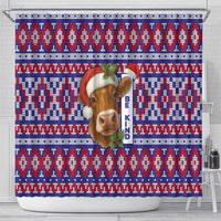 Cow in Santa Hat Be Kind Message Shower Curtain with Red Blue Knit Pattern Design - Wonder Print Shop