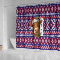 Cow in Santa Hat Be Kind Message Shower Curtain with Red Blue Knit Pattern Design - Wonder Print Shop