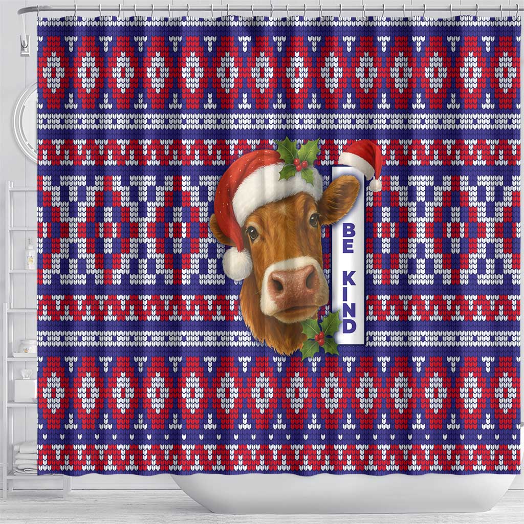 Cow in Santa Hat Be Kind Message Shower Curtain with Red Blue Knit Pattern Design - Wonder Print Shop