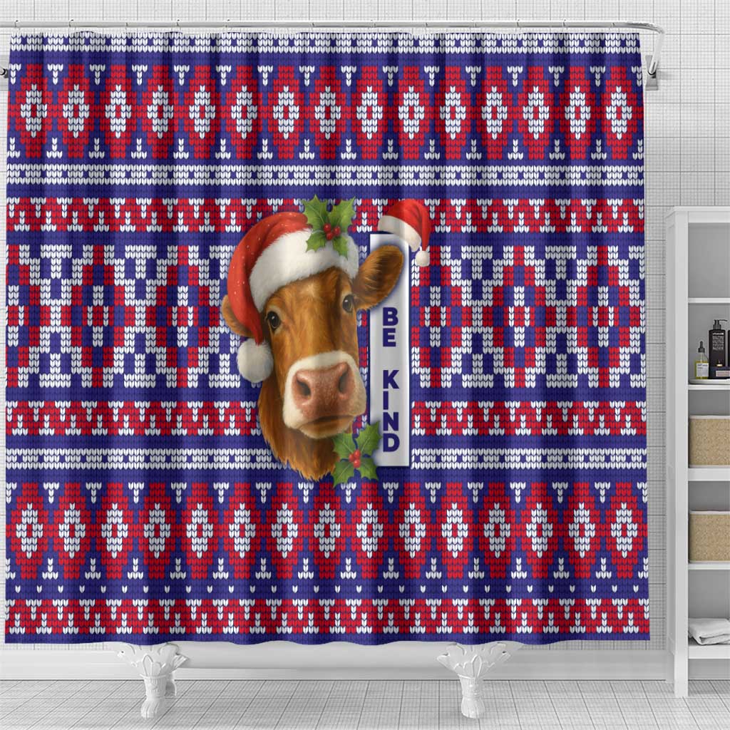 Cow in Santa Hat Be Kind Message Shower Curtain with Red Blue Knit Pattern Design - Wonder Print Shop