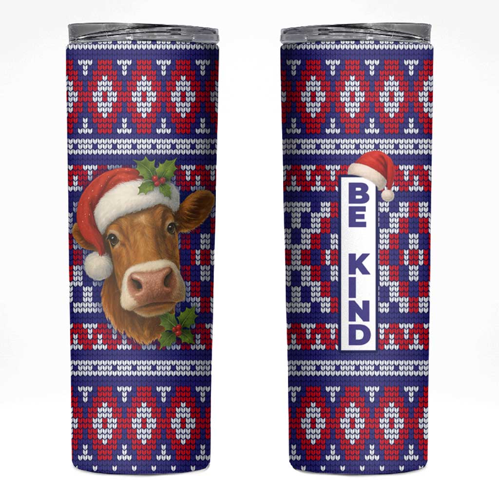 Cow in Santa Hat Be Kind Message Skinny Tumbler with Red Blue Knit Pattern Design - Wonder Print Shop