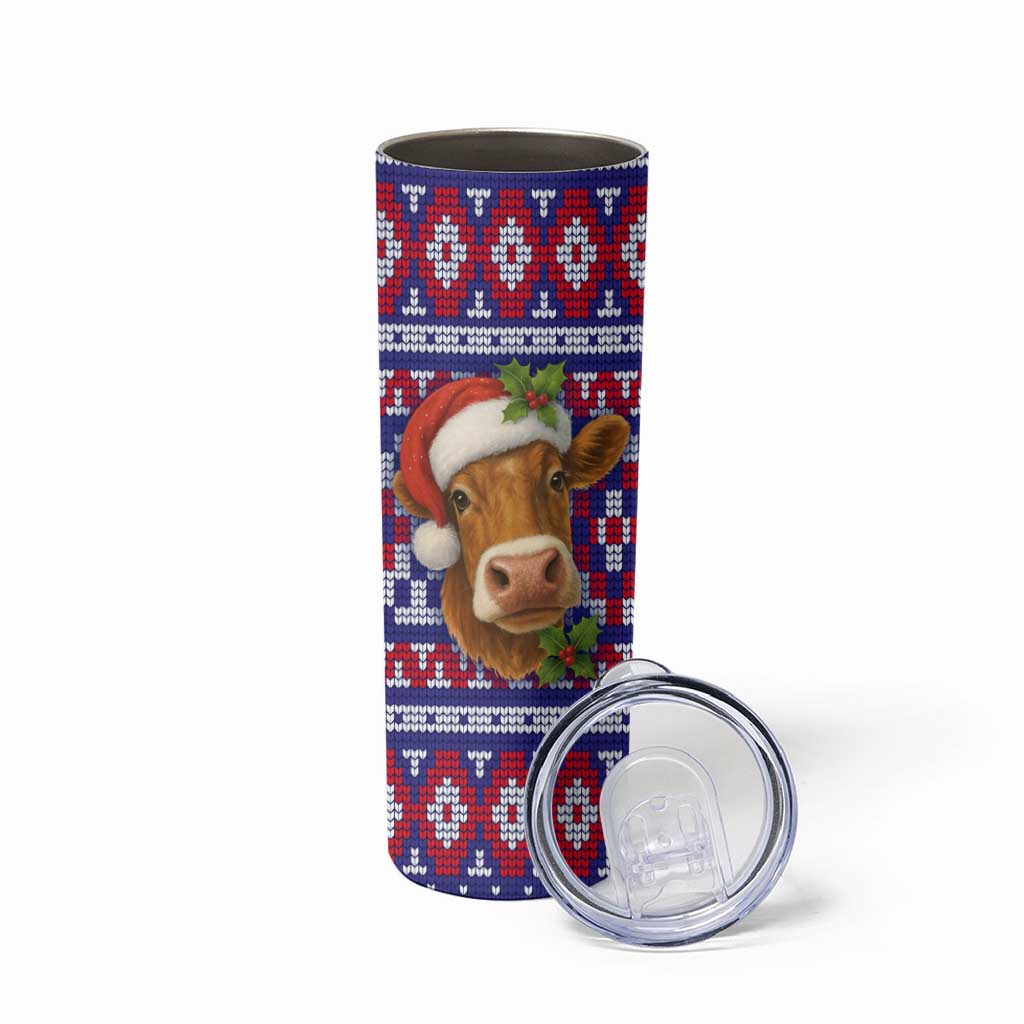 Cow in Santa Hat Be Kind Message Skinny Tumbler with Red Blue Knit Pattern Design - Wonder Print Shop