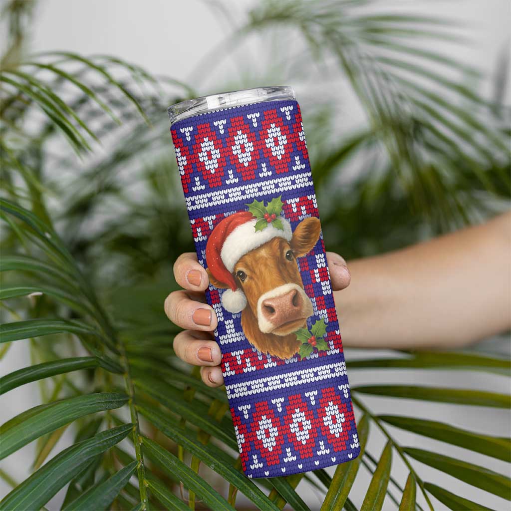 Cow in Santa Hat Be Kind Message Skinny Tumbler with Red Blue Knit Pattern Design - Wonder Print Shop