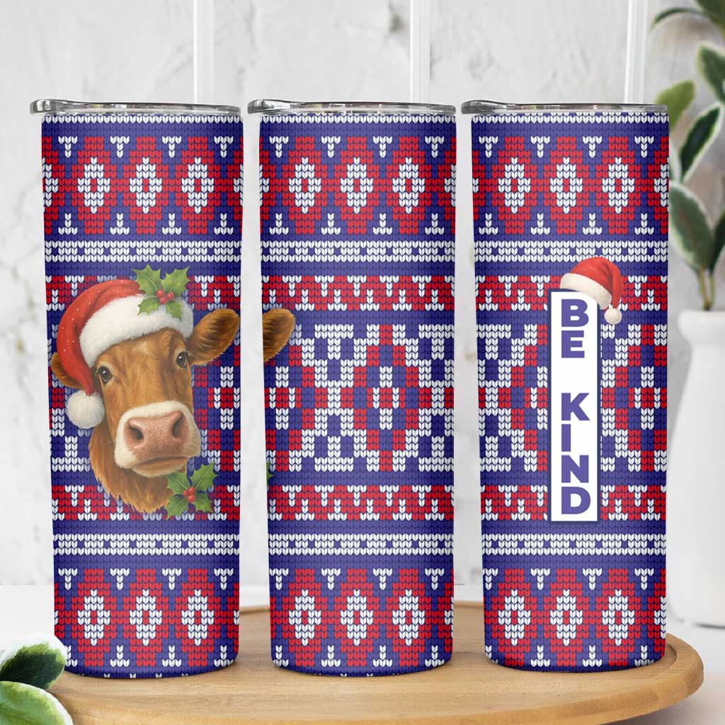 Cow in Santa Hat Be Kind Message Skinny Tumbler with Red Blue Knit Pattern Design - Wonder Print Shop