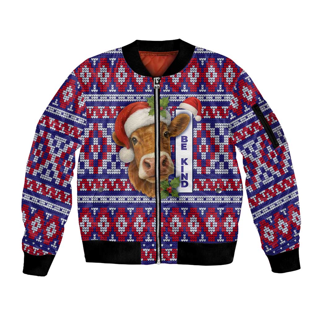 Cow in Santa Hat Be Kind Message Sleeve Zip Bomber Jacket with Red Blue Knit Pattern Design - Wonder Print Shop