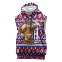 Cow in Santa Hat Be Kind Message Sleeveless Hoodie with Red Blue Knit Pattern Design - Wonder Print Shop
