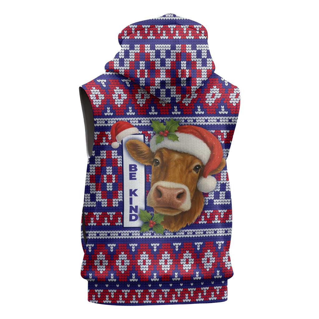 Cow in Santa Hat Be Kind Message Sleeveless Hoodie with Red Blue Knit Pattern Design - Wonder Print Shop