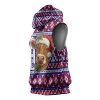 Cow in Santa Hat Be Kind Message Sleeveless Hoodie with Red Blue Knit Pattern Design - Wonder Print Shop