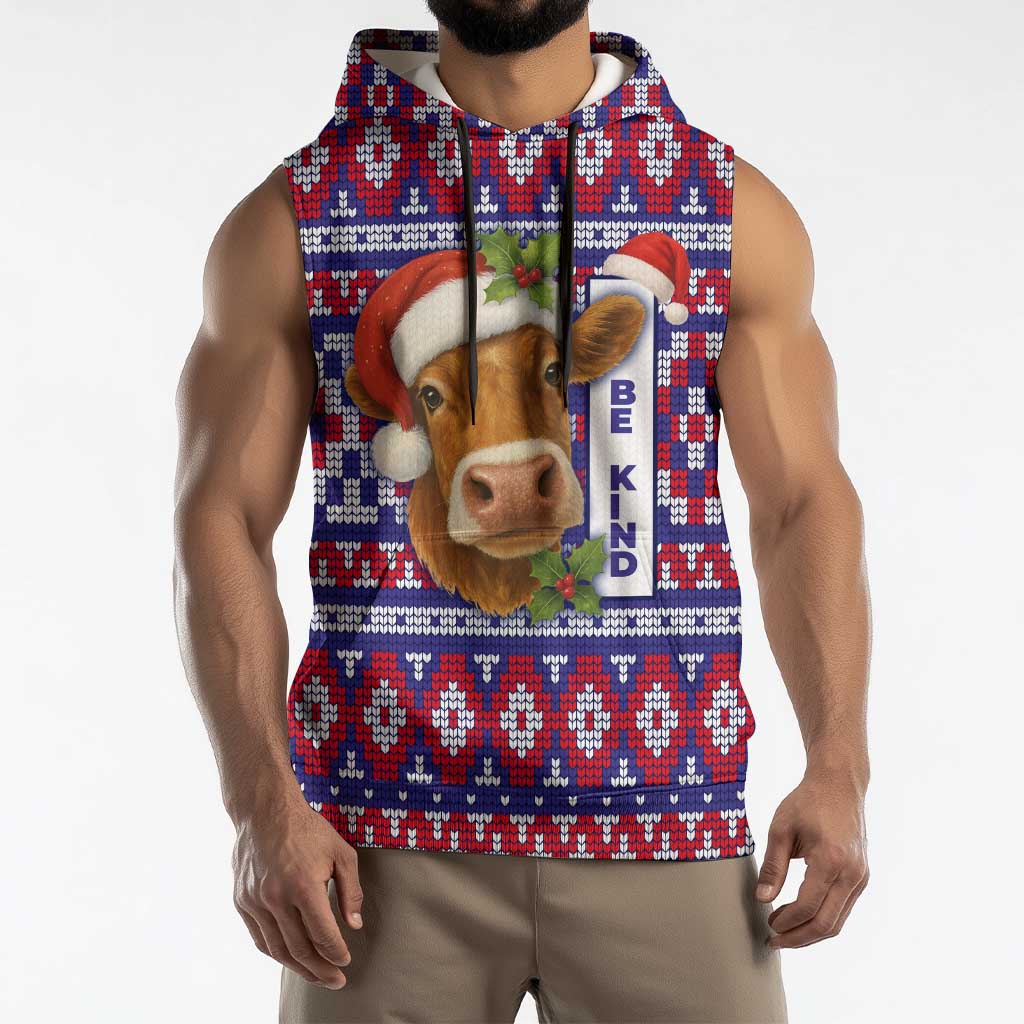 Cow in Santa Hat Be Kind Message Sleeveless Hoodie with Red Blue Knit Pattern Design - Wonder Print Shop
