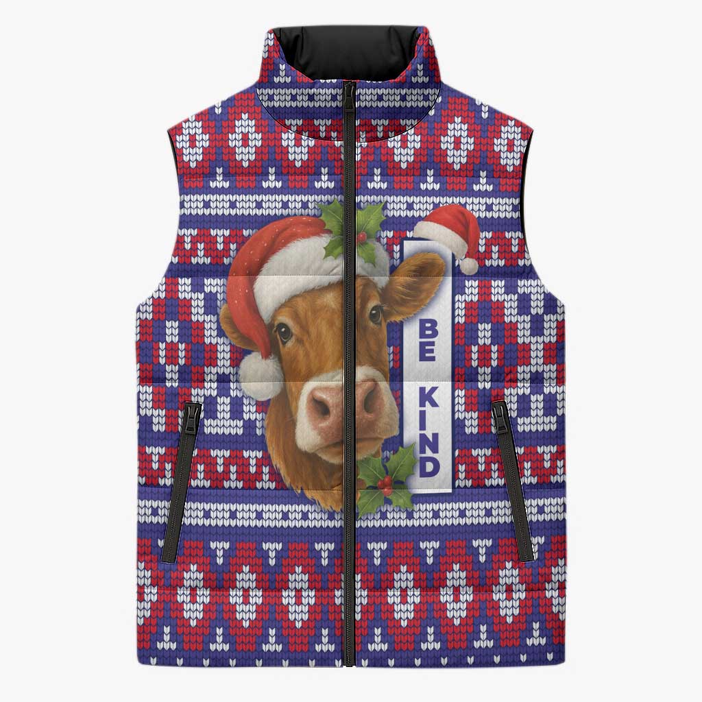Cow in Santa Hat Be Kind Message Sleeveless Puffer Jacket with Red Blue Knit Pattern Design - Wonder Print Shop