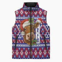Cow in Santa Hat Be Kind Message Sleeveless Puffer Jacket with Red Blue Knit Pattern Design - Wonder Print Shop