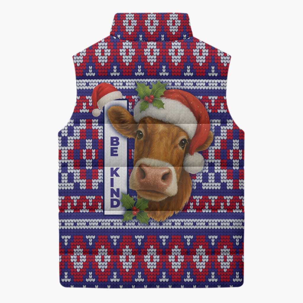 Cow in Santa Hat Be Kind Message Sleeveless Puffer Jacket with Red Blue Knit Pattern Design - Wonder Print Shop