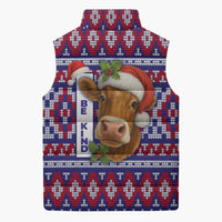 Cow in Santa Hat Be Kind Message Sleeveless Puffer Jacket with Red Blue Knit Pattern Design - Wonder Print Shop