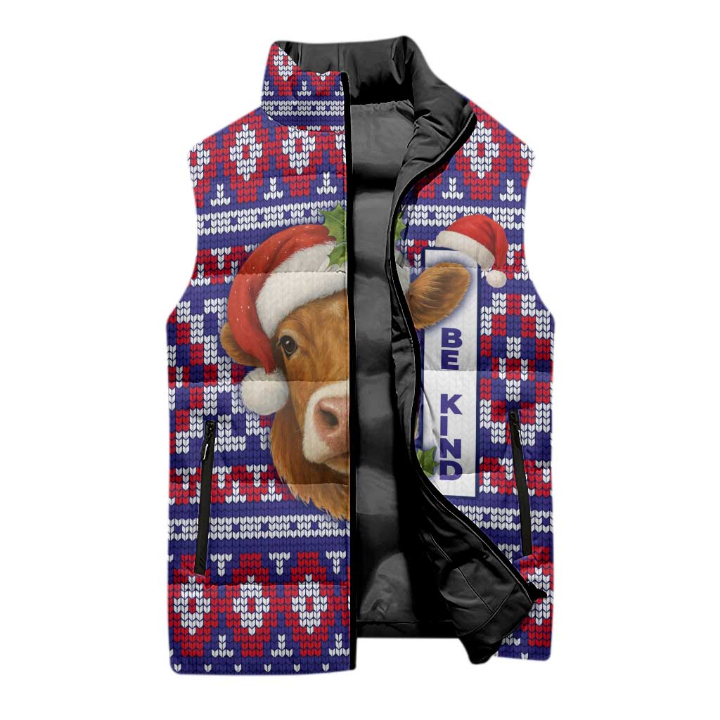 Cow in Santa Hat Be Kind Message Sleeveless Puffer Jacket with Red Blue Knit Pattern Design - Wonder Print Shop