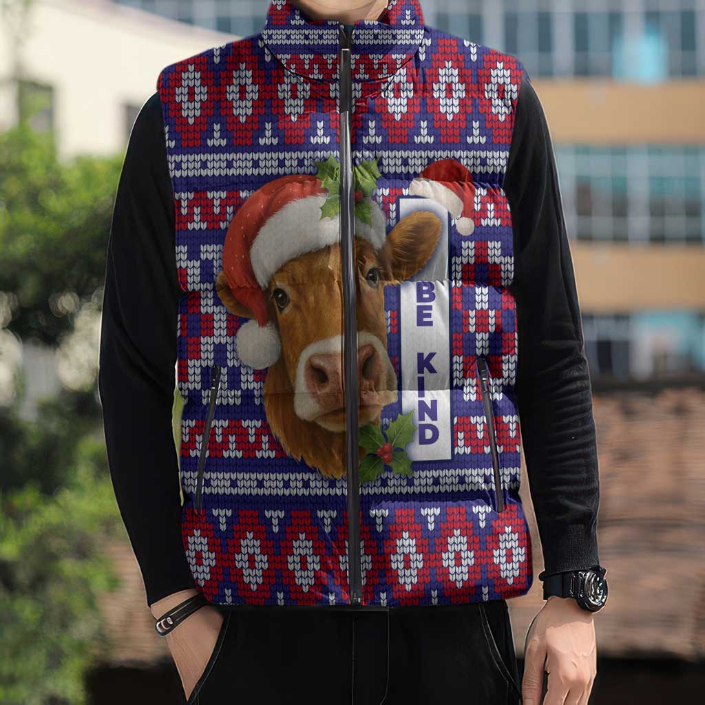 Cow in Santa Hat Be Kind Message Sleeveless Puffer Jacket with Red Blue Knit Pattern Design - Wonder Print Shop