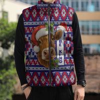 Cow in Santa Hat Be Kind Message Sleeveless Puffer Jacket with Red Blue Knit Pattern Design - Wonder Print Shop