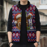 Cow in Santa Hat Be Kind Message Sleeveless Puffer Jacket with Red Blue Knit Pattern Design - Wonder Print Shop