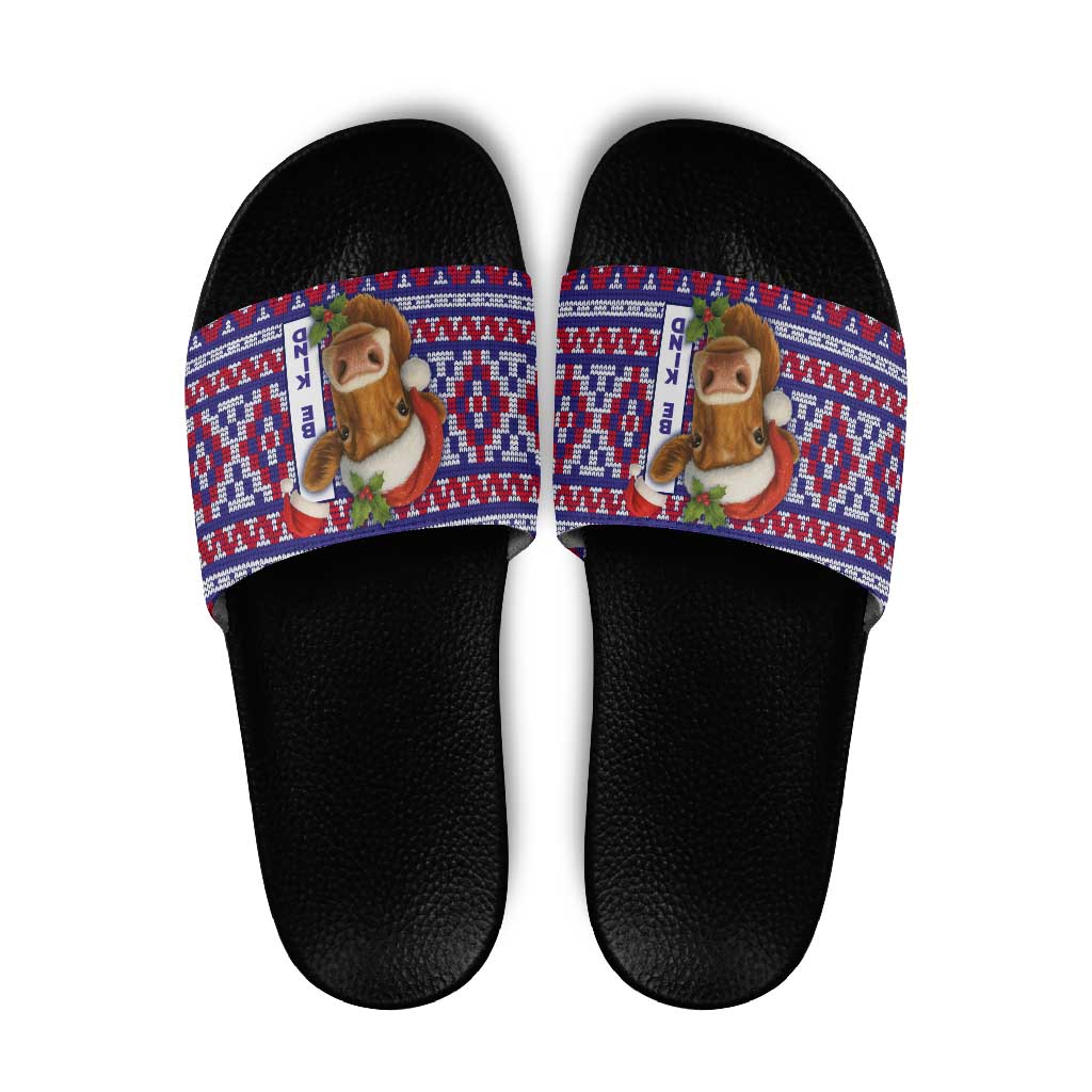 Cow in Santa Hat Be Kind Message Slide Sandals with Red Blue Knit Pattern Design - Wonder Print Shop