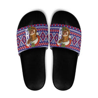 Cow in Santa Hat Be Kind Message Slide Sandals with Red Blue Knit Pattern Design - Wonder Print Shop