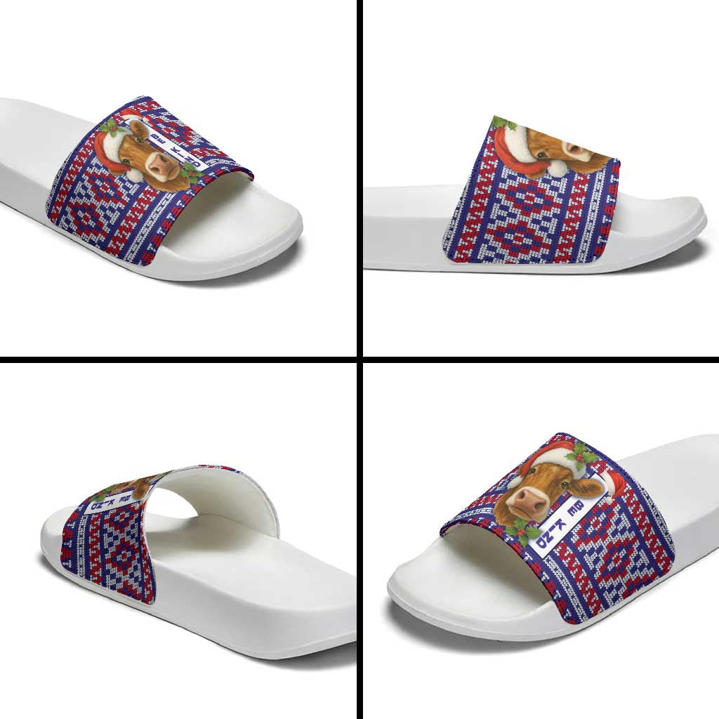 Cow in Santa Hat Be Kind Message Slide Sandals with Red Blue Knit Pattern Design - Wonder Print Shop
