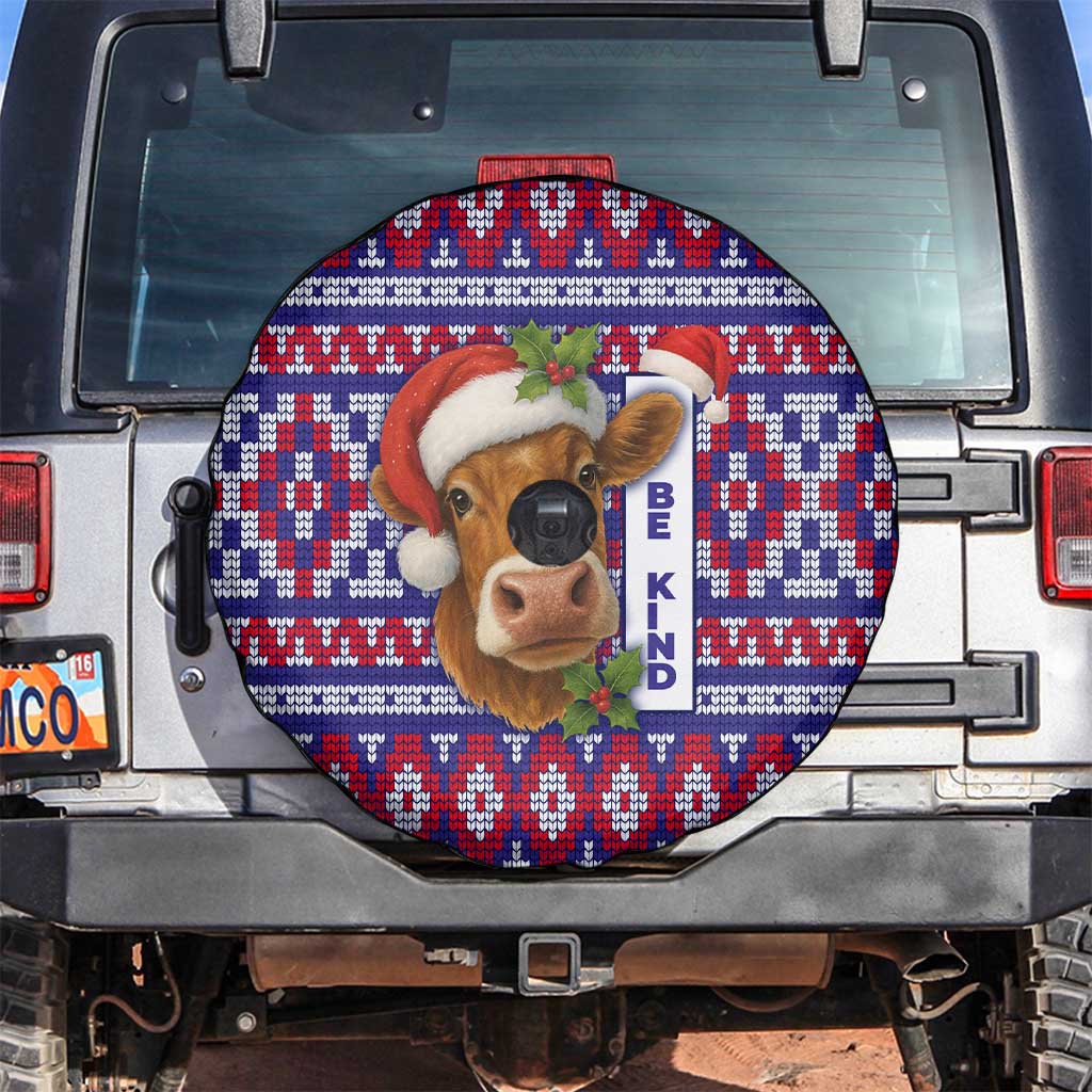 Cow in Santa Hat Be Kind Message Spare Tire Cover with Red Blue Knit Pattern Design - Wonder Print Shop