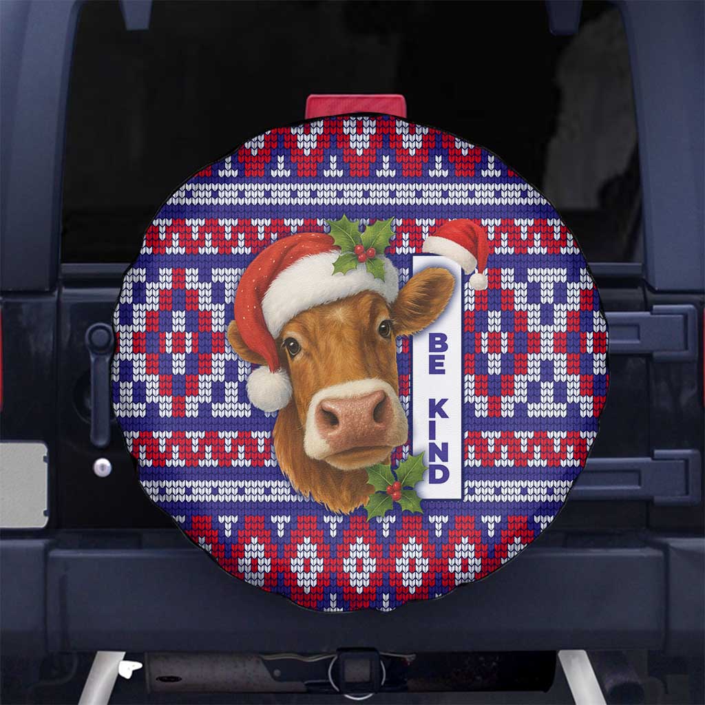 Cow in Santa Hat Be Kind Message Spare Tire Cover with Red Blue Knit Pattern Design - Wonder Print Shop