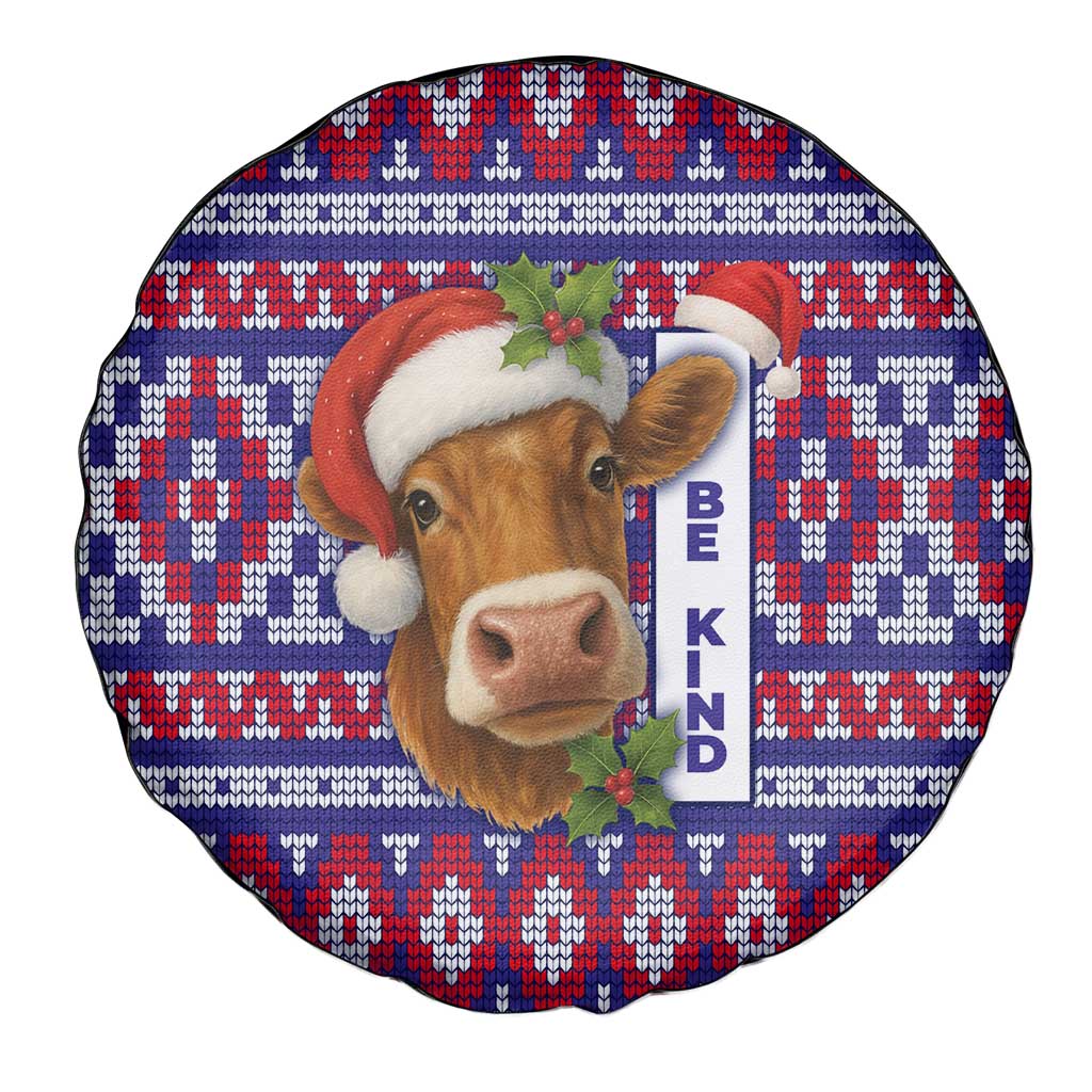 Cow in Santa Hat Be Kind Message Spare Tire Cover with Red Blue Knit Pattern Design - Wonder Print Shop