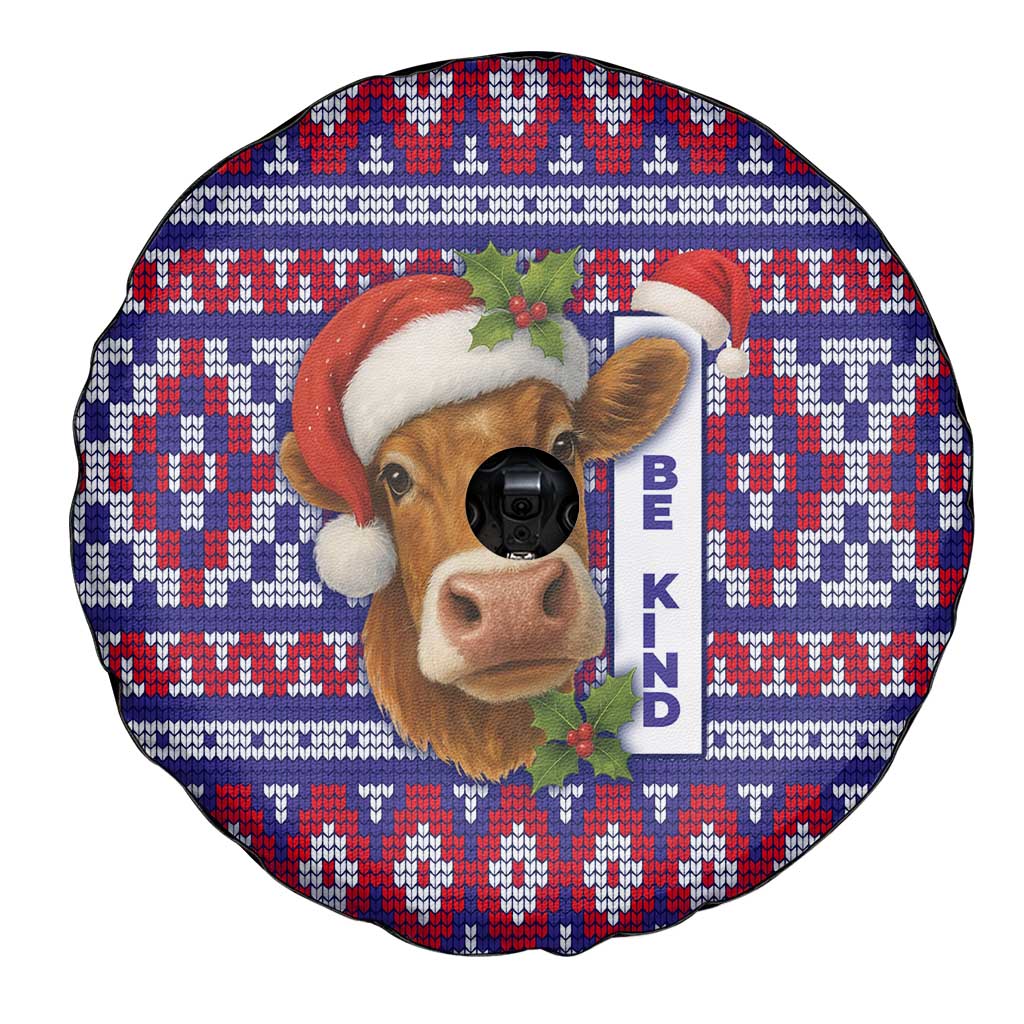 Cow in Santa Hat Be Kind Message Spare Tire Cover with Red Blue Knit Pattern Design - Wonder Print Shop
