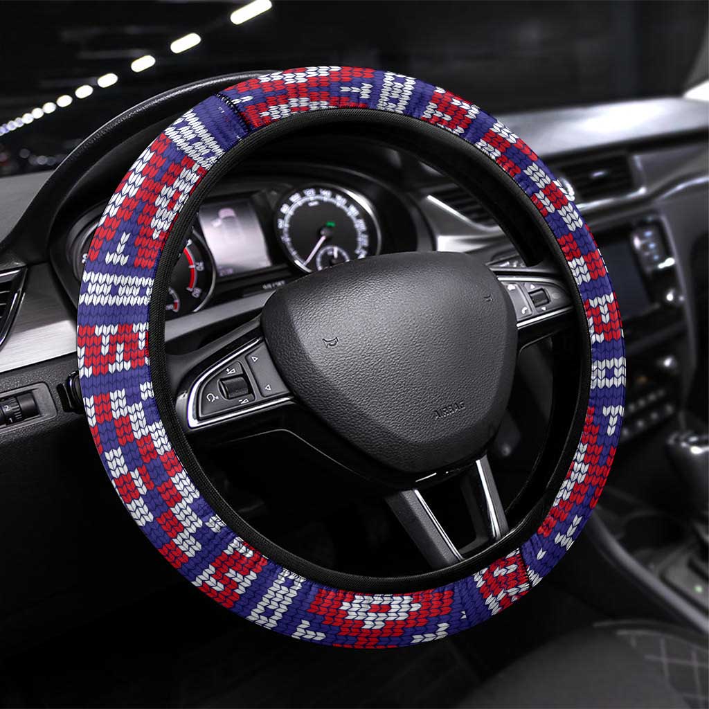 Cow in Santa Hat Be Kind Message Steering Wheel Cover with Red Blue Knit Pattern Design - Wonder Print Shop