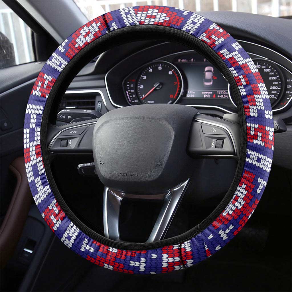 Cow in Santa Hat Be Kind Message Steering Wheel Cover with Red Blue Knit Pattern Design - Wonder Print Shop