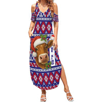 Cow in Santa Hat Be Kind Message Summer Maxi Dress with Red Blue Knit Pattern Design - Wonder Print Shop