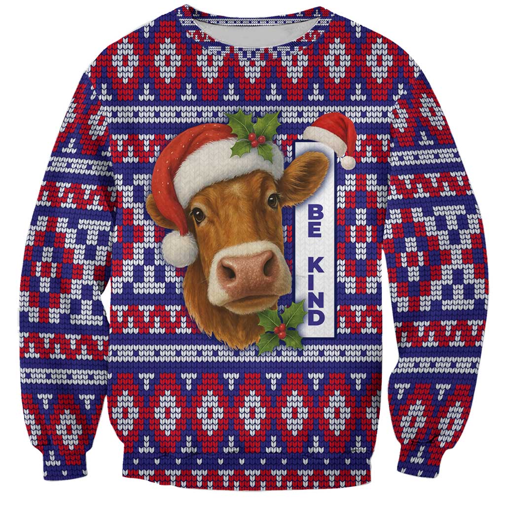 Cow in Santa Hat Be Kind Message Sweatshirt with Red Blue Knit Pattern Design - Wonder Print Shop