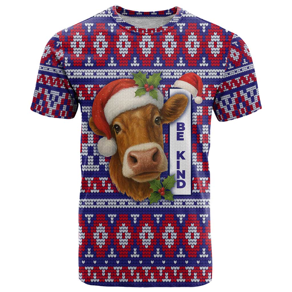 Cow in Santa Hat Be Kind Message T Shirt with Red Blue Knit Pattern Design - Wonder Print Shop