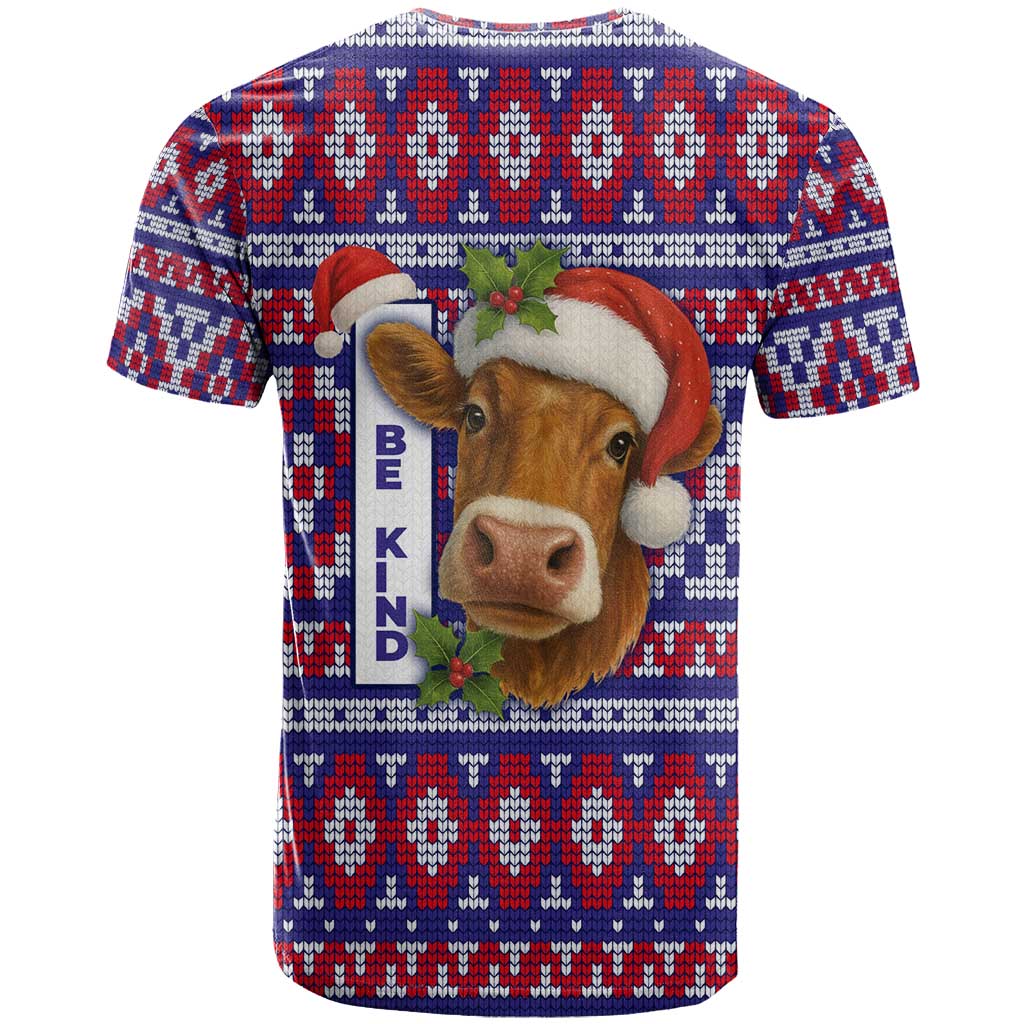 Cow in Santa Hat Be Kind Message T Shirt with Red Blue Knit Pattern Design - Wonder Print Shop