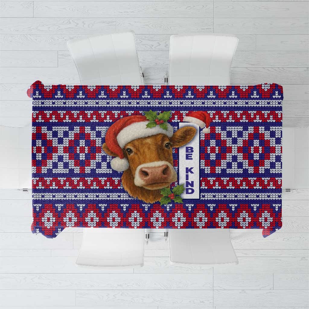 Cow in Santa Hat Be Kind Message Tablecloth with Red Blue Knit Pattern Design - Wonder Print Shop