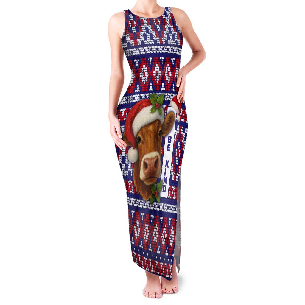 Cow in Santa Hat Be Kind Message Tank Maxi Dress with Red Blue Knit Pattern Design - Wonder Print Shop