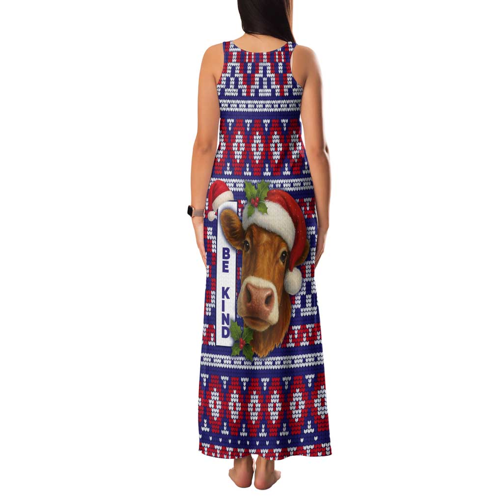 Cow in Santa Hat Be Kind Message Tank Maxi Dress with Red Blue Knit Pattern Design - Wonder Print Shop