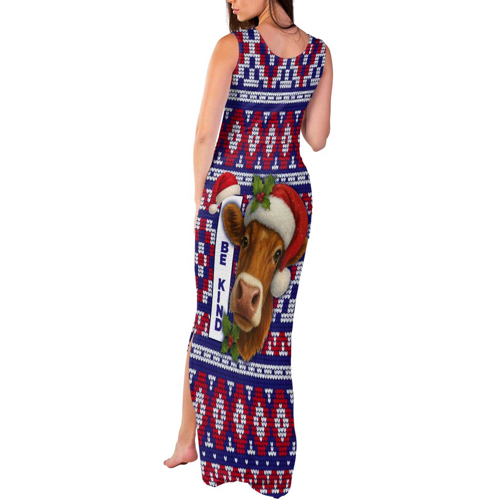 Cow in Santa Hat Be Kind Message Tank Maxi Dress with Red Blue Knit Pattern Design - Wonder Print Shop