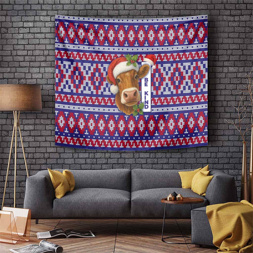 Cow in Santa Hat Be Kind Message Tapestry with Red Blue Knit Pattern Design - Wonder Print Shop